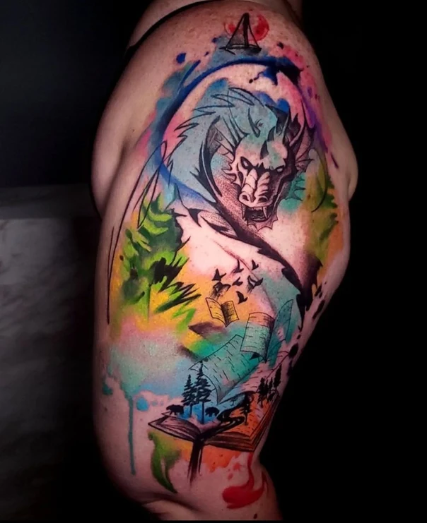 Watercolor Dragon, Books tattoo on Shoulder