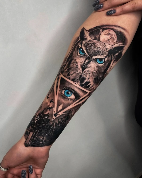 Realism Owl, Eye tattoo on Forearm