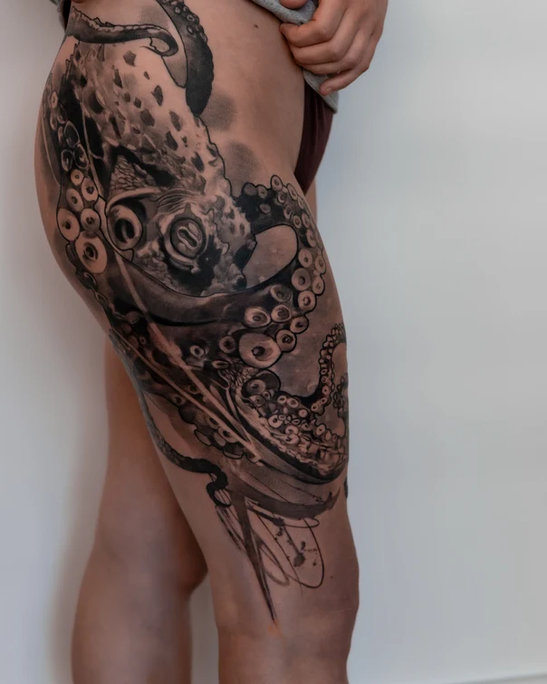 Realism Octopus tattoo on Thigh