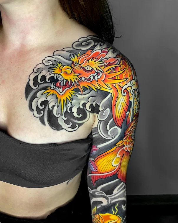 Японская Dragon, Waves tattoo на Полный рукав