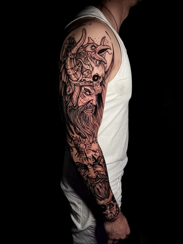 Blackwork Viking, Skull tattoo on Full Sleeve