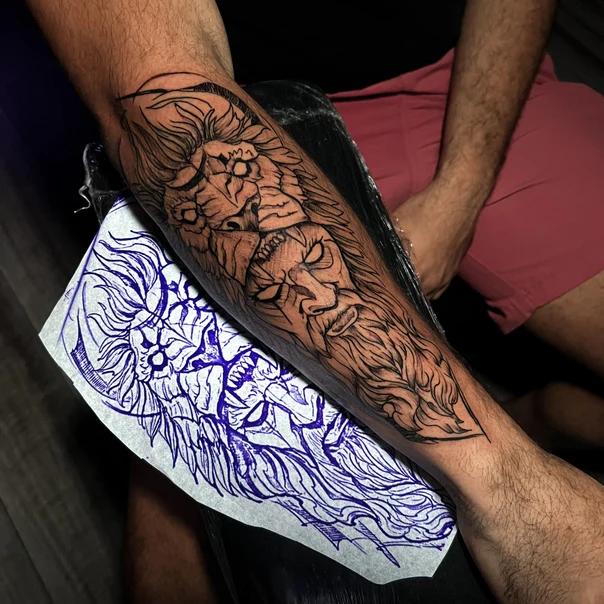 Linework Lion, Face tattoo on Forearm