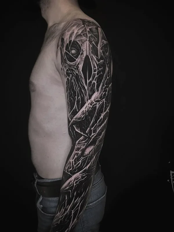 male black and grey biomechanical татуировка на full sleeve #78509 | Тату мастер Влад Цедейко