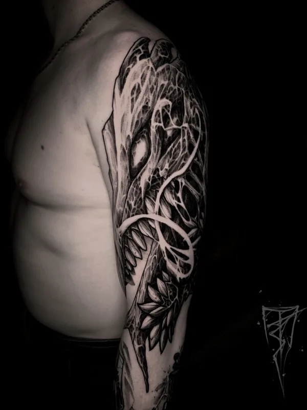 male black and grey blackwork татуировка на full sleeve #78512 | Тату мастер Влад Цедейко