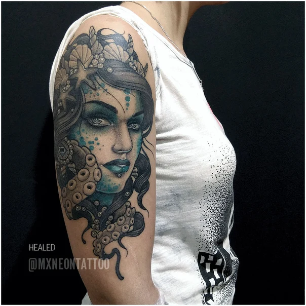 Neo-traditional Mermaid, Octopus tattoo на Плечо