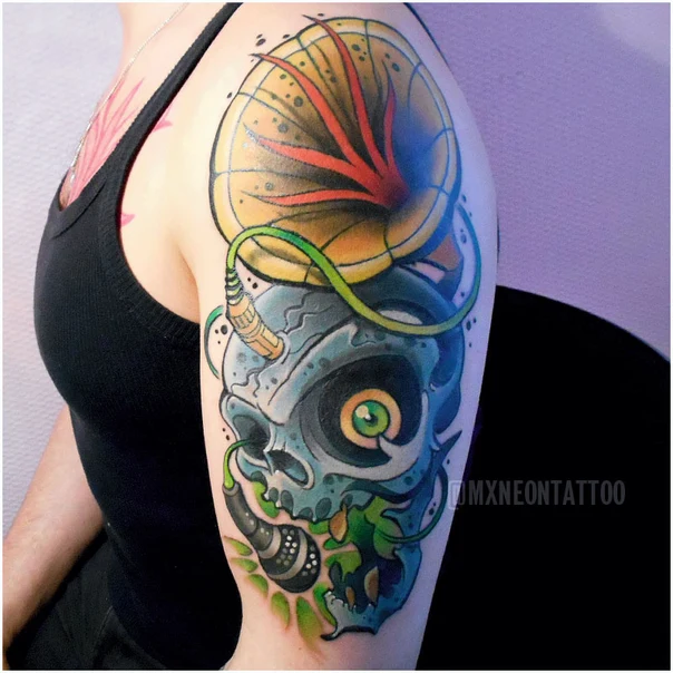 Neo-traditional Skull, Microphone tattoo on Upper Arm