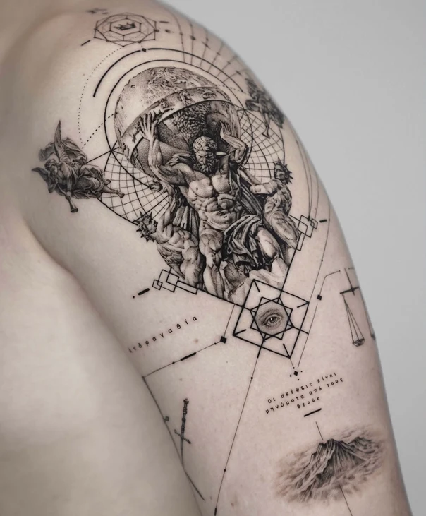 Blackwork Atlas, Geometric tattoo on Upper Arm