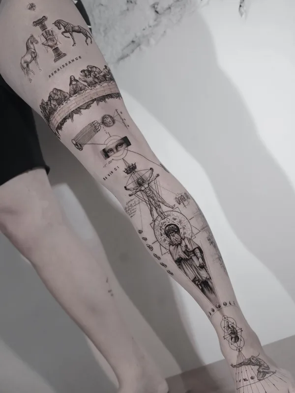black and grey sketch tatuaje en full leg #78832 | Tatuador Ogi Oh