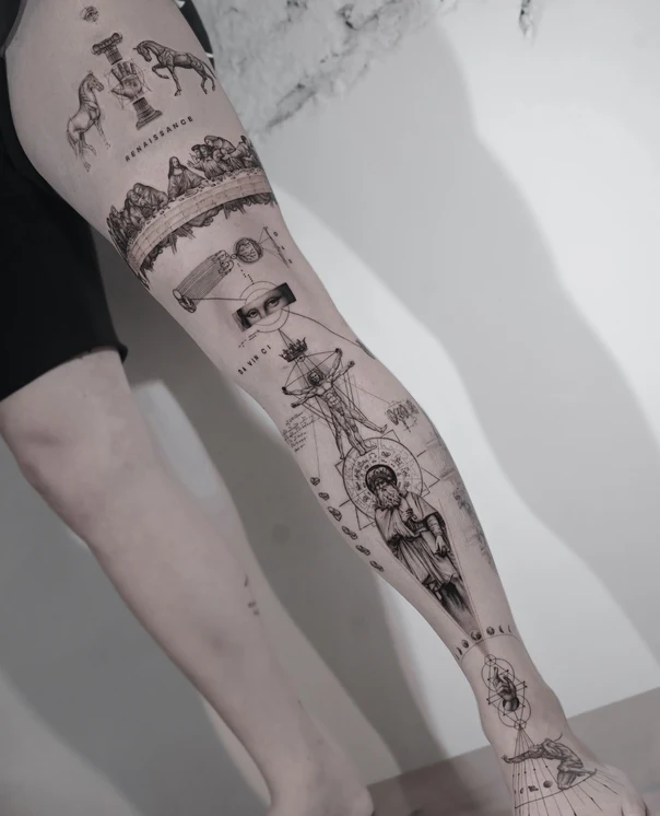 Sketch Renaissance, Religious tattoo on Full Leg