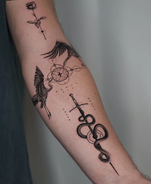 Linework Rose, Bird tattoo on Forearm