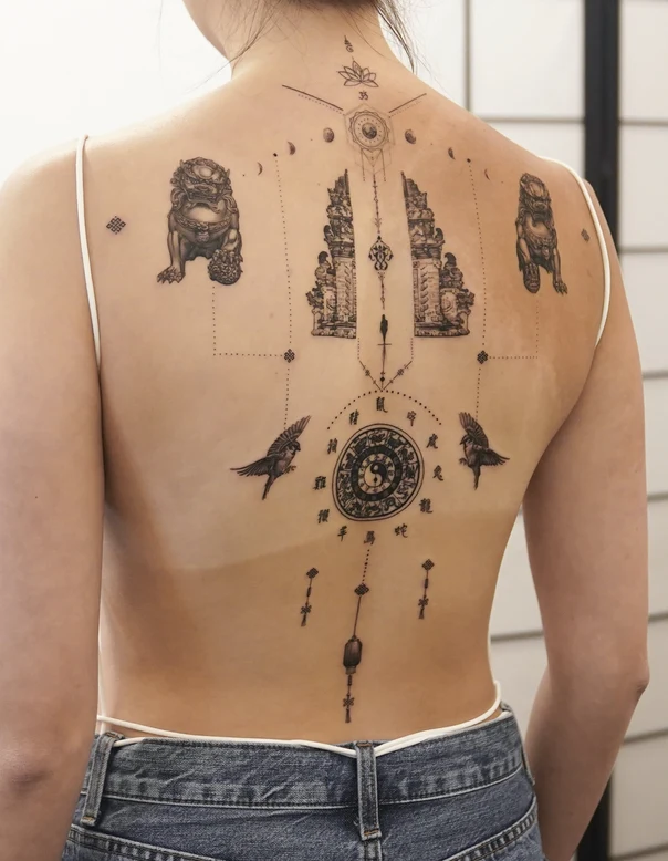 Linework Lion, Bird tattoo on Upper Back
