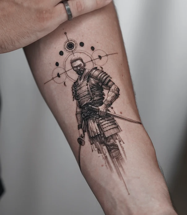 Black & Grey Samurai, Geometric tattoo on Forearm