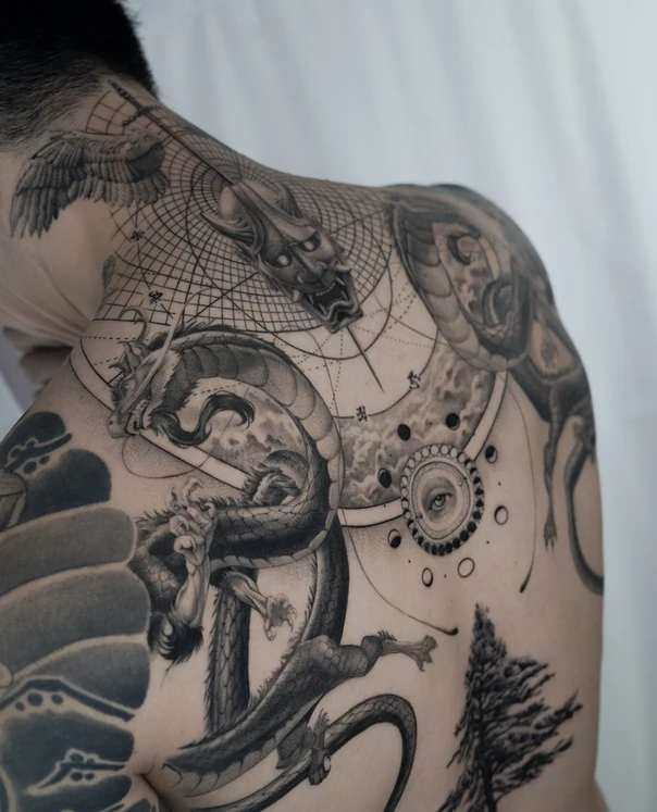 Japanese Dragon, Demon tattoo on Shoulder