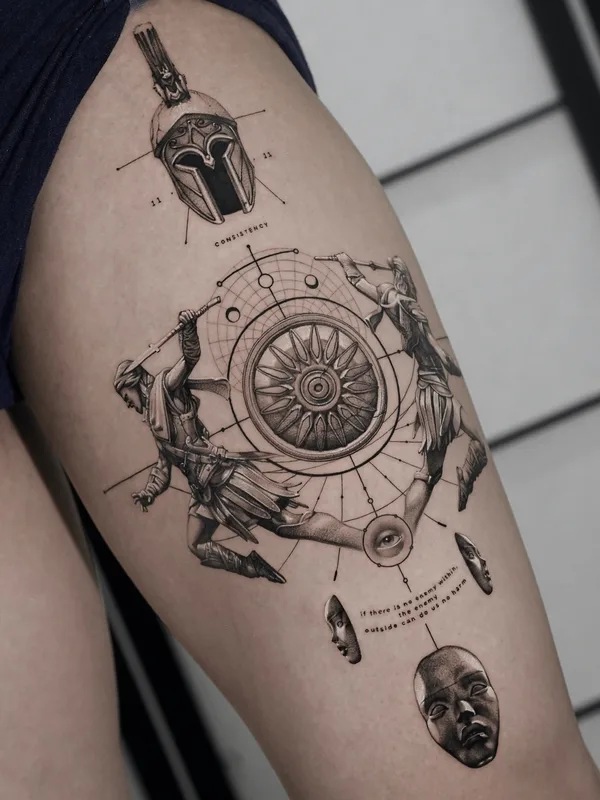 black and grey black and grey tatuaje en thigh #78846 | Tatuador Ogi Oh