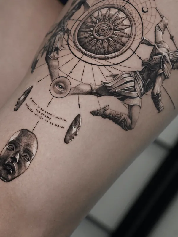black and grey black and grey tatuaje en thigh #78848 | Tatuador Ogi Oh