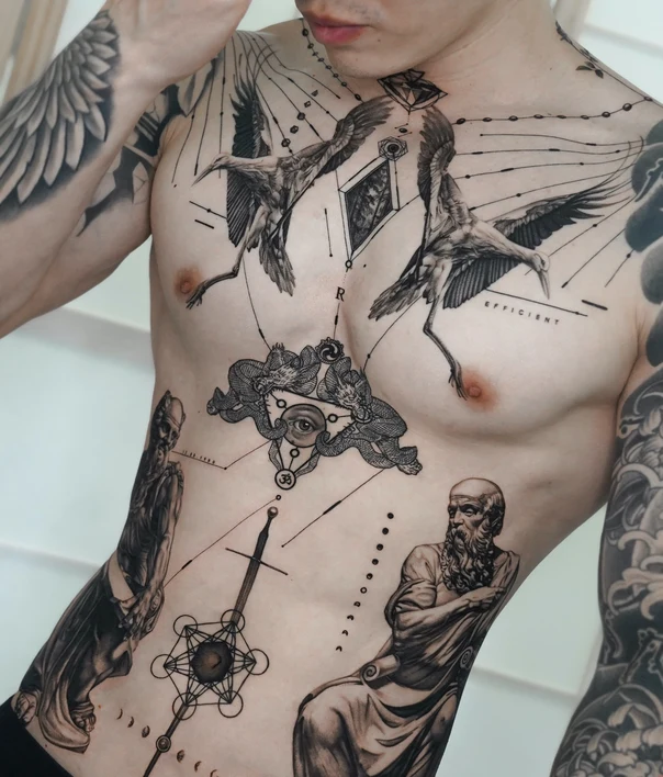 Illustrative Birds, Geometric shapes tattoo on Chest