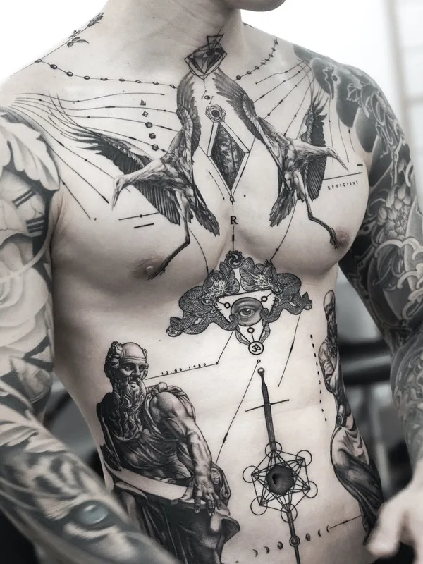 male black and grey blackwork tatuaje en chest #78844 | Tatuador Ogi Oh