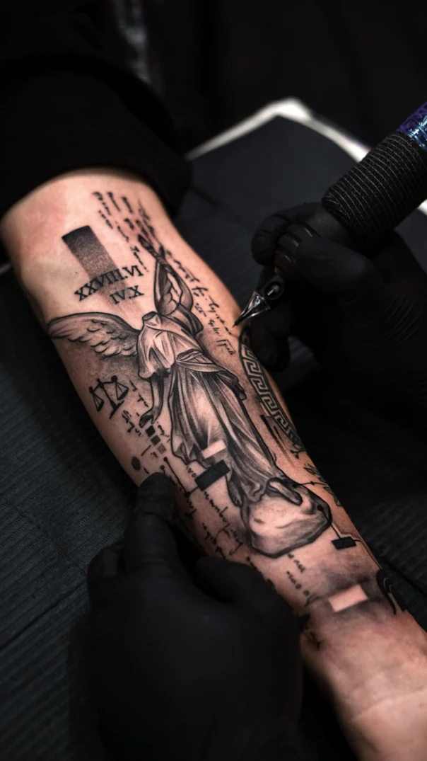 Black & Grey Angel, Roman numerals tattoo on Forearm