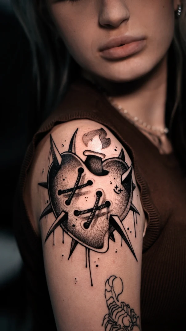 Blackwork Heart, Spikes tattoo on Shoulder