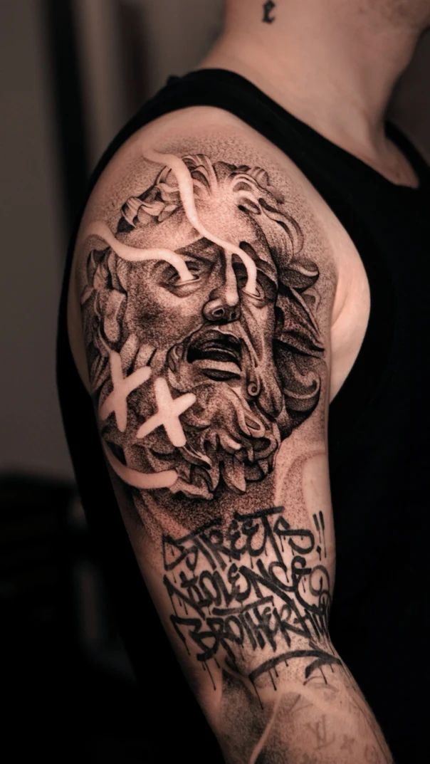Black & Grey Face, Lettering tattoo on Upper Arm