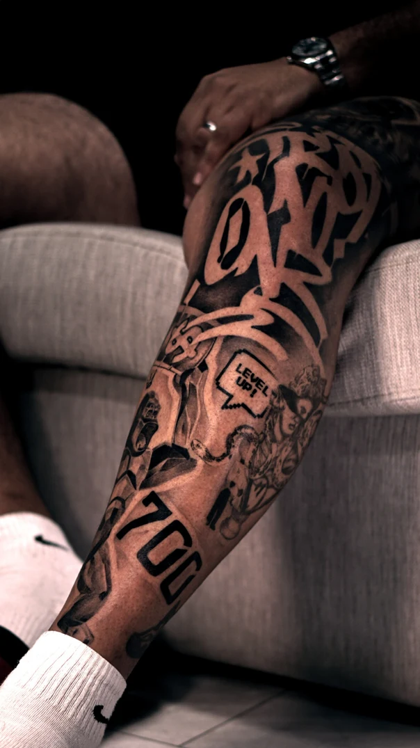 Blackwork Lettering, Figures tattoo on Calf