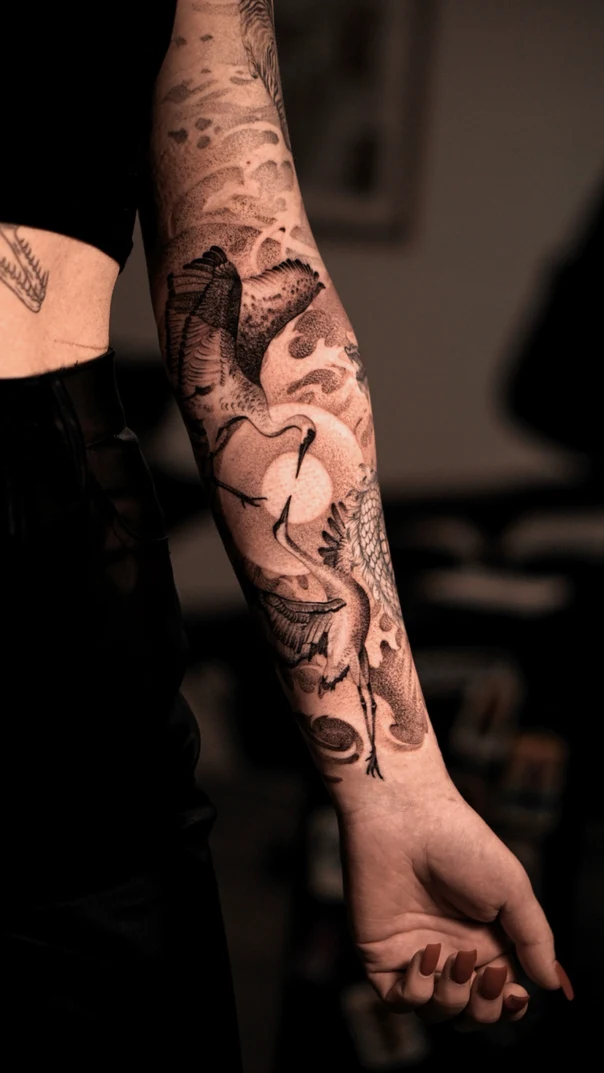 Japanese Crane, Waves tattoo on Full Sleeve