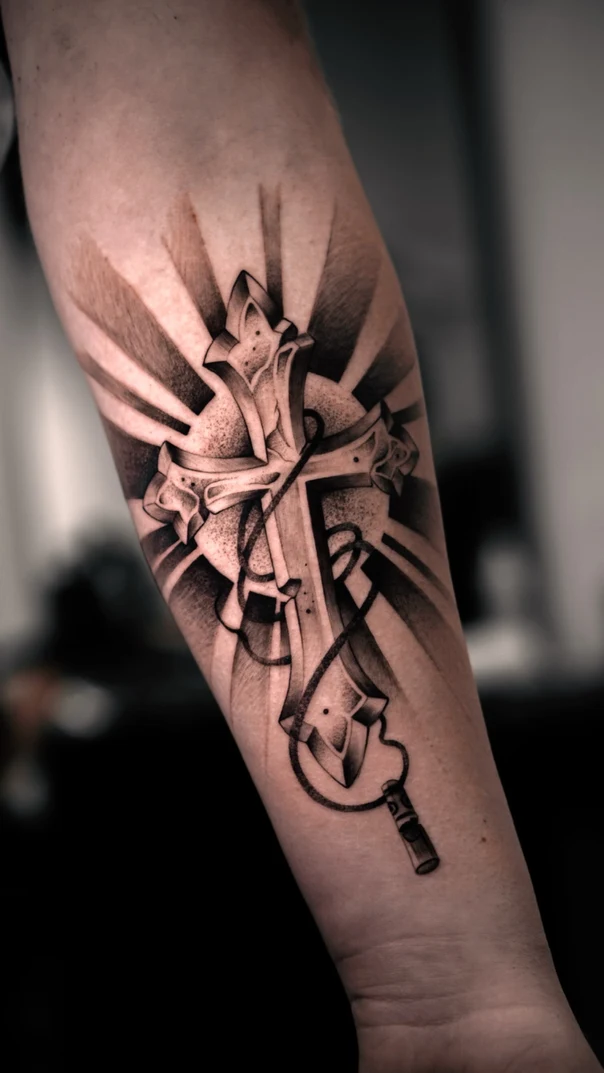 Black & Grey Cross tattoo on Forearm