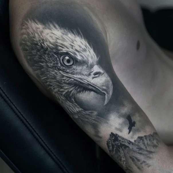 Realism Eagle, Mountain tattoo on Upper Arm
