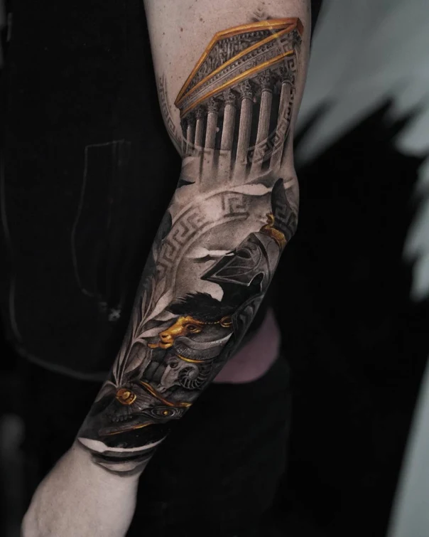 Реализм Architecture, Mythology tattoo на Полный рукав