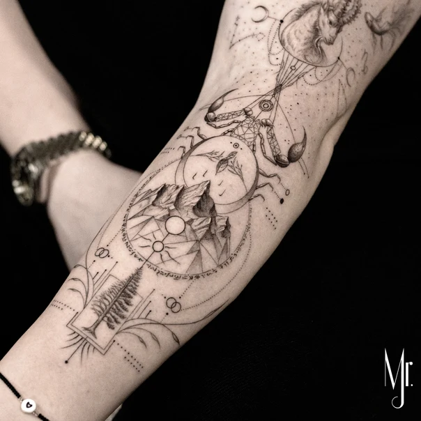 Linework Scorpion, Mountains tattoo on Forearm