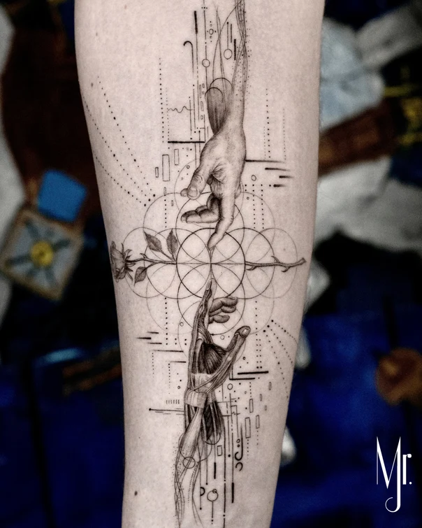 Fineline Hands, Geometric tattoo on Forearm