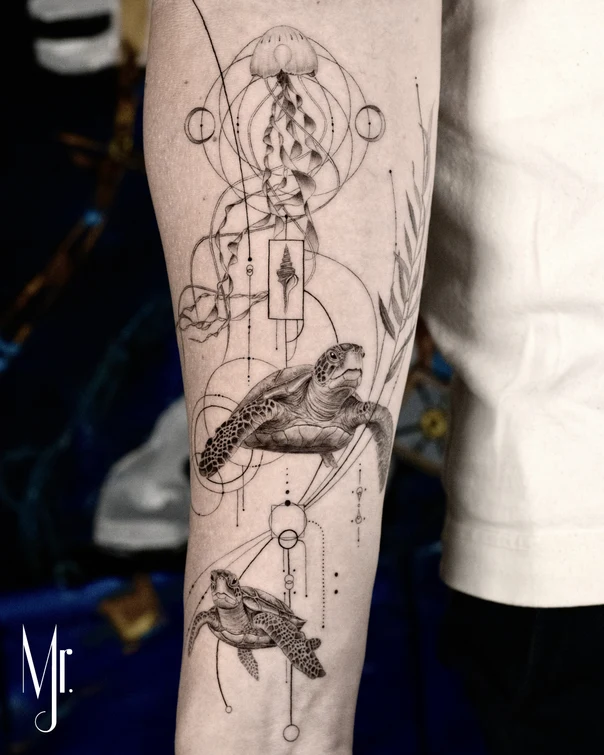 Fineline Turtle, Jellyfish tattoo on Forearm
