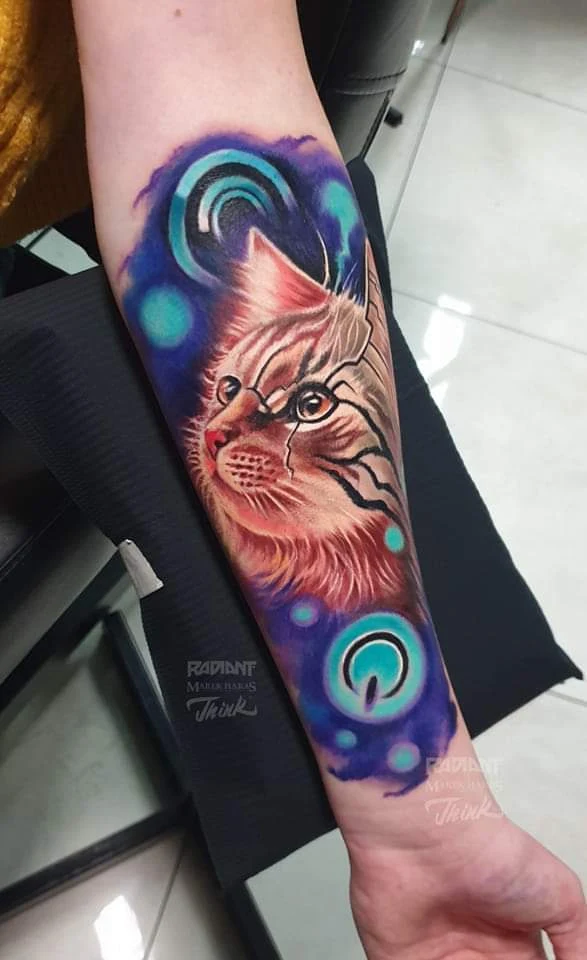 Illustrative Cat, Abstract tattoo on Forearm