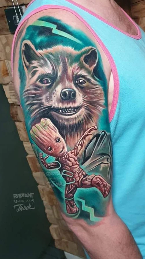 Illustrative Raccoon, Groot tattoo on Upper Arm