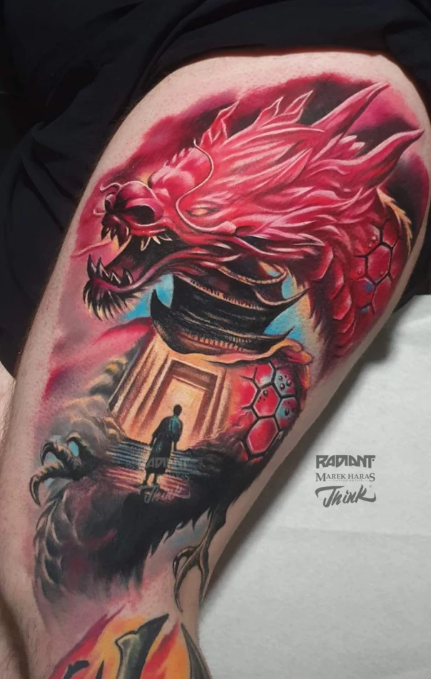 Illustrative Dragon, Figure tattoo on Thigh