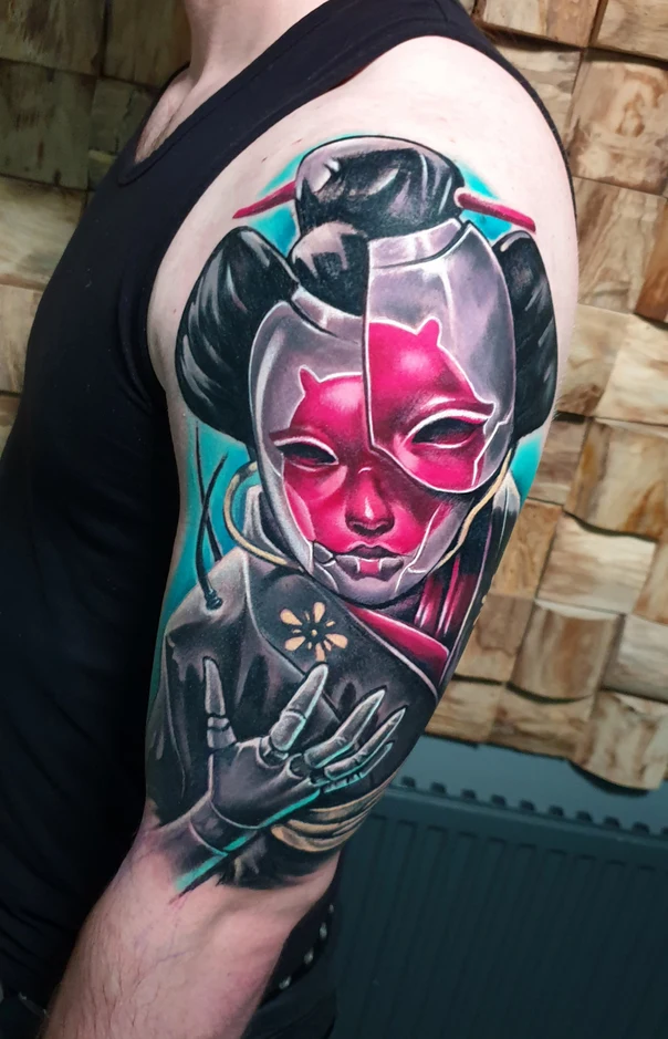 Neo-traditional Geisha, Robot tattoo on Full Sleeve