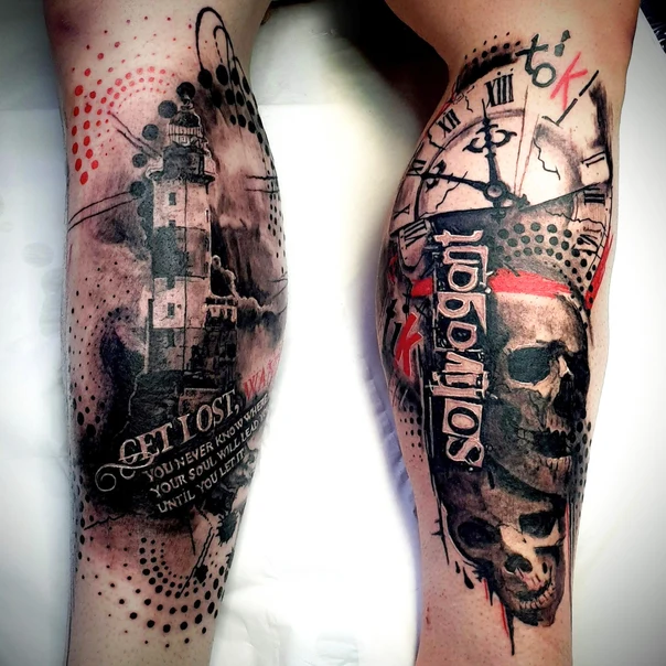 Trash Polka Lighthouse, Skull tattoo on Calf