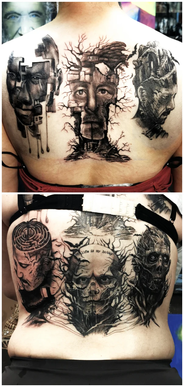 Blackwork Face, Skull tattoo on Full Back
