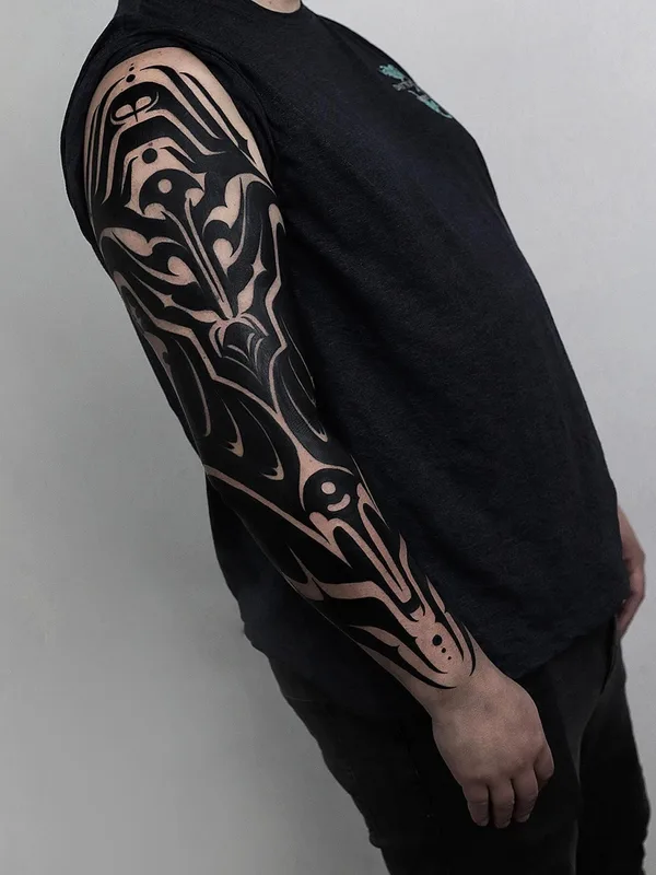 black blackwork татуировка на full sleeve #79153 | Тату мастер Oscar Conejeros Pinto