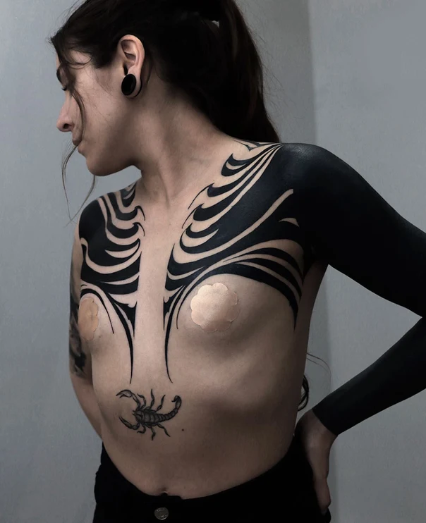 Blackwork Abstract, Scorpion tattoo on Chest