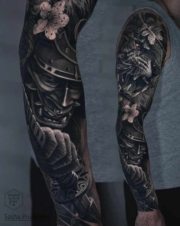 Японская Samurai mask, Tiger tattoo на Полный рукав