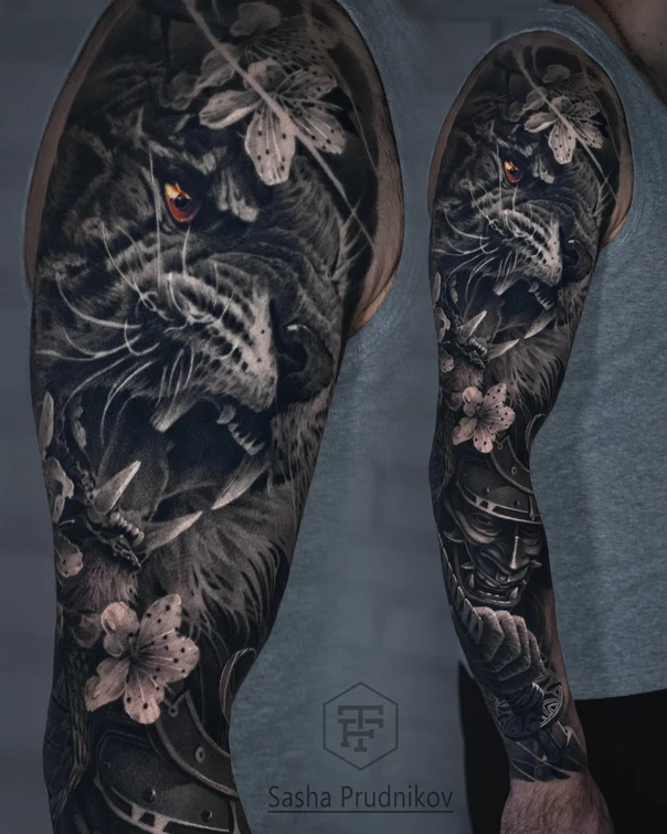 Реализм Tiger, Samurai tattoo на Полный рукав