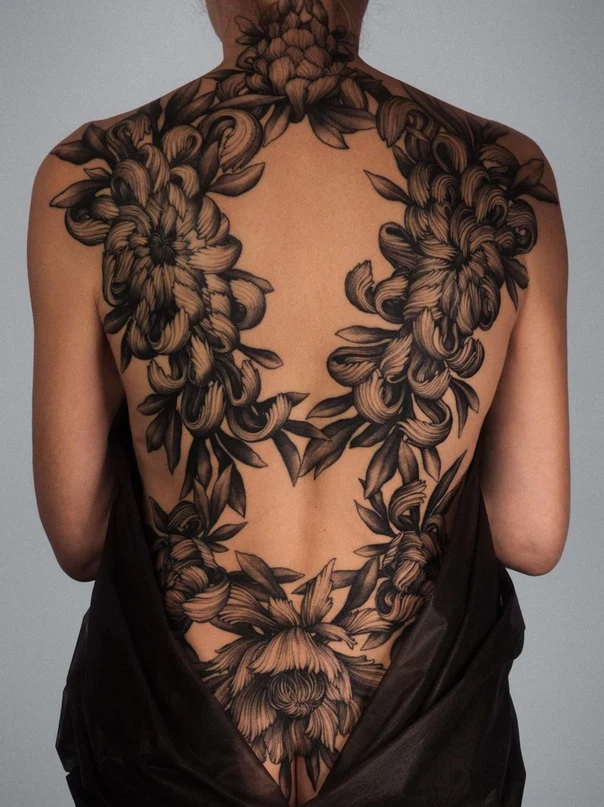 Ботаническая Flowers, Leaves tattoo на Спина (полная)