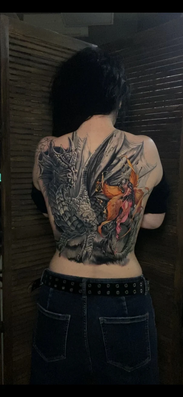 Реализм Dragon, Fairy tattoo на Спина (полная)