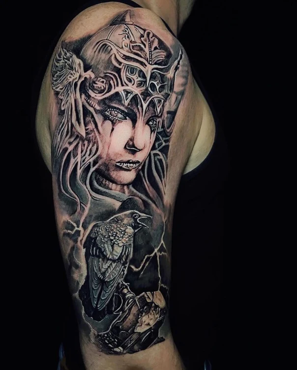 Realism Woman, Raven tattoo on Full Sleeve
