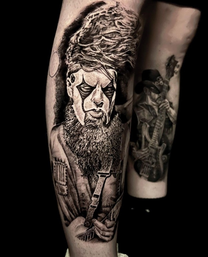 Black & Grey Portrait, Musician tattoo on Calf