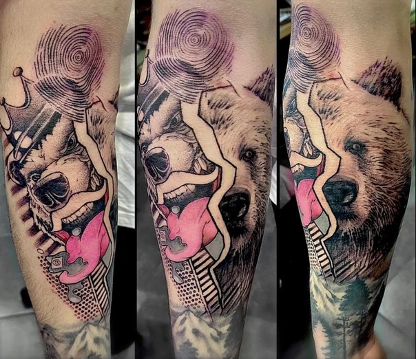 Illustrative Bear, Crown tattoo on Forearm
