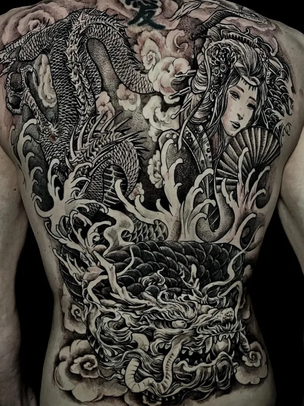 black and grey japanese tattoo on full back #79383 | Tattoo Artist Alex Drozd
