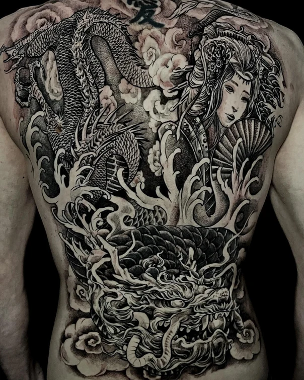 Japanese Dragon, Geisha tattoo on Full Back