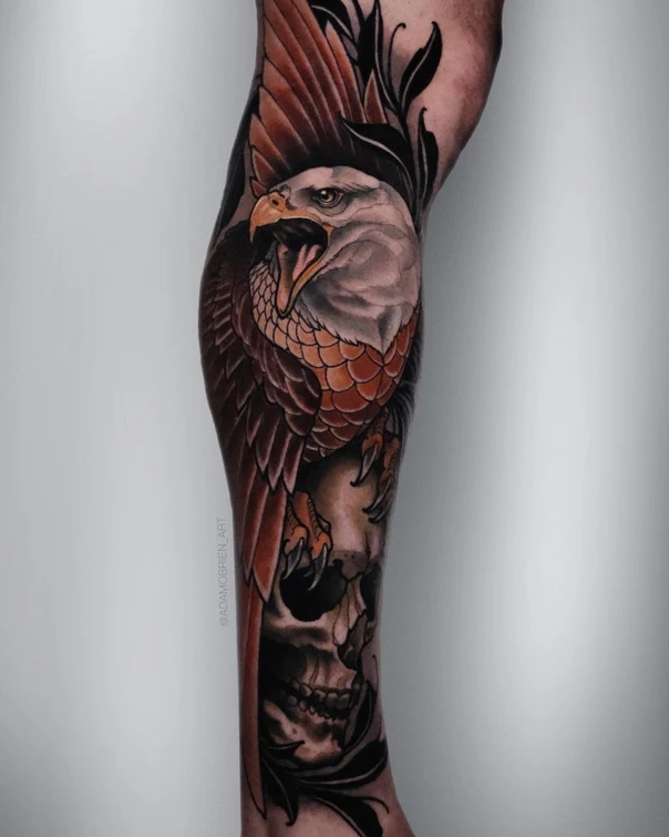 Neo-traditional Eagle, Skull tattoo on Calf